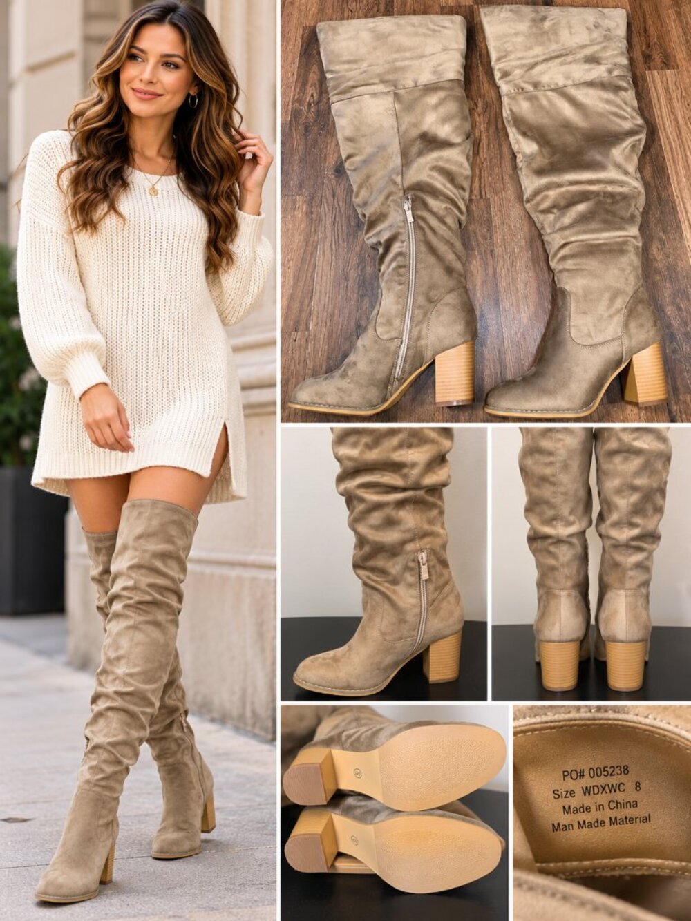 Taupe Over the Knee Slouch Boots Women’s Size 8 Block Heel Side Zip